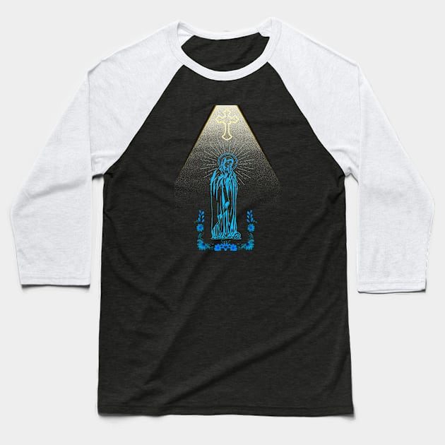 Cross above the Mother of God / Virgin Mary with beautiful flowers around Baseball T-Shirt by Mr.Dom store